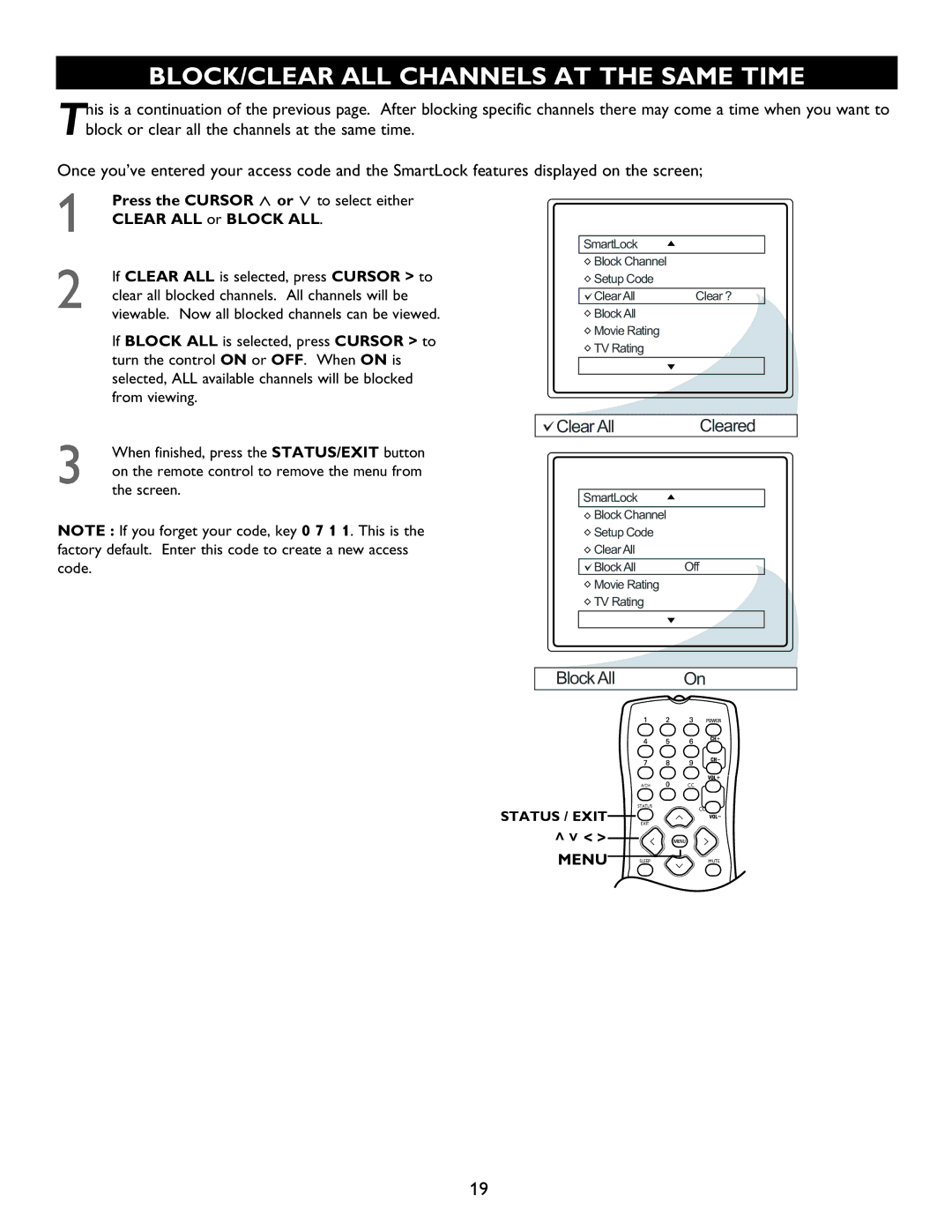 Magnavox 20MT1336 BLOCK/CLEAR ALL Channels AT the Same Time, Press the Cursor or to select either Clear ALL or Block ALL 