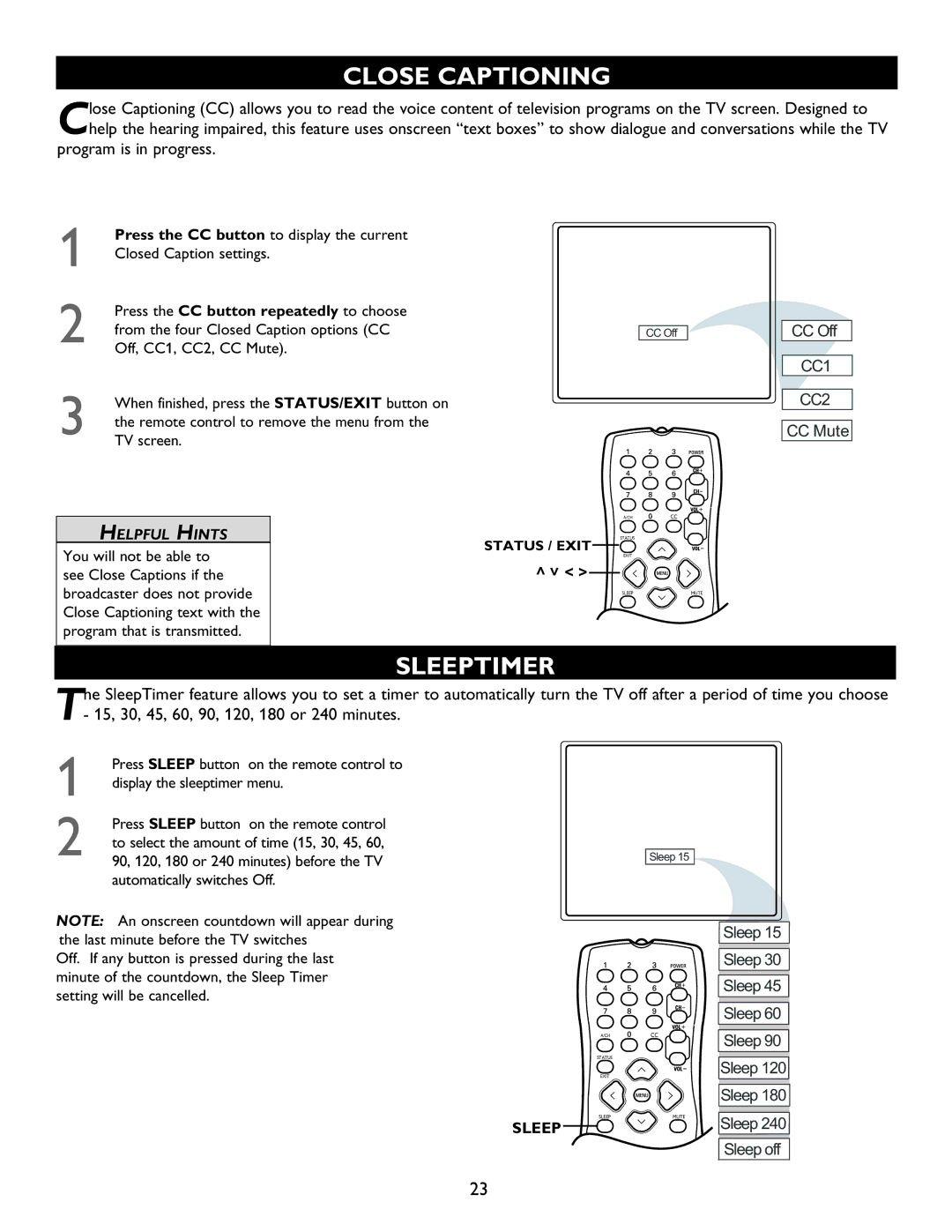 Magnavox 20MT1336 manual Close Captioning, Sleeptimer, Press the CC button repeatedly to choose 