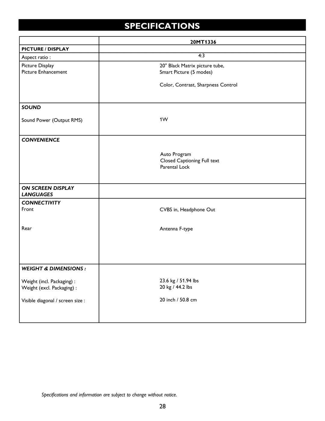 Magnavox 20MT1336 manual Specifications 