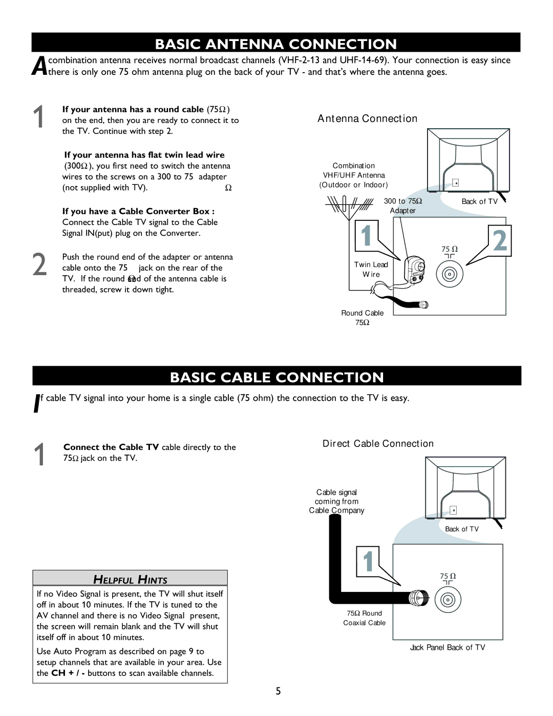 Magnavox 20MT1336 manual Basic Antenna Connection, Basic Cable Connection, If your antenna has a round cable 75Ω 