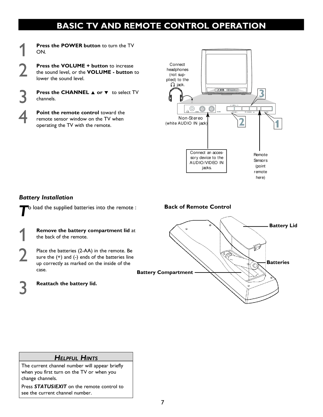 Magnavox 20MT1336 manual Basic TV and Remote Control Operation, Press the Channel Î or ï to select TV, Battery Com 