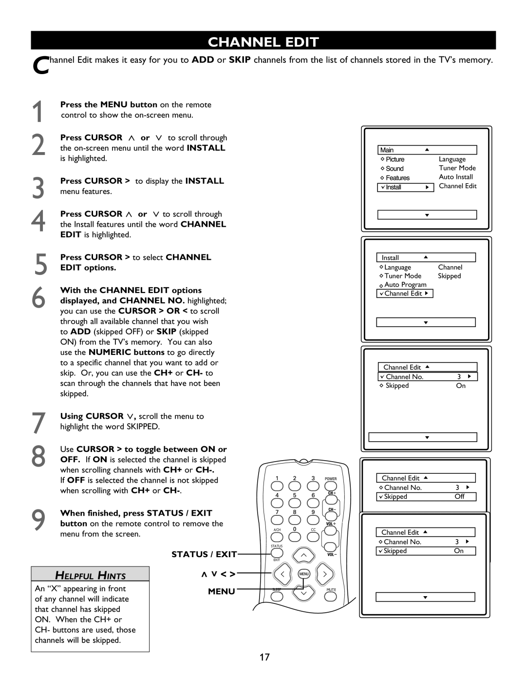 Magnavox 20MT4405 manual Channel Edit, Press Curso R to display the Install menu features 