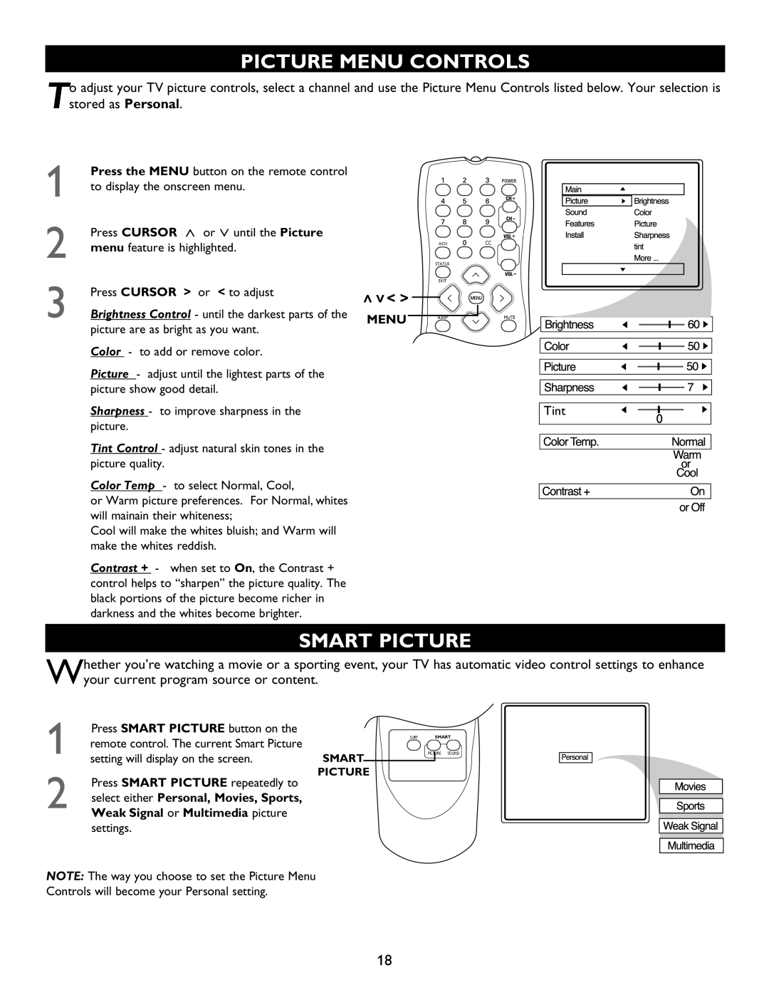 Magnavox 20MT4405 manual Picture Menu Controls, Smart Picture 