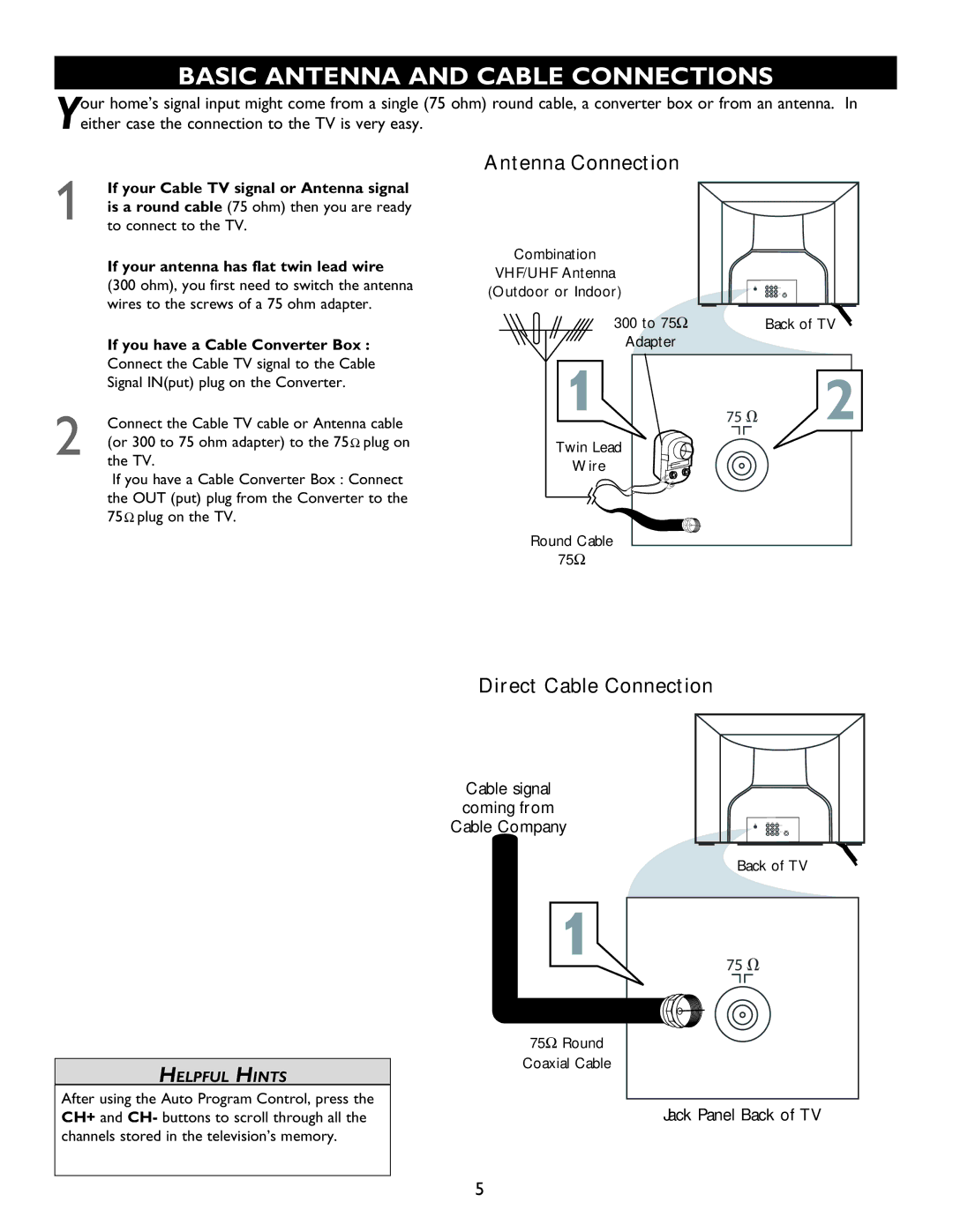 Magnavox 20MT4405 manual Basic Antenna and Cable Connections, If your Cable TV signal or Antenna signal 