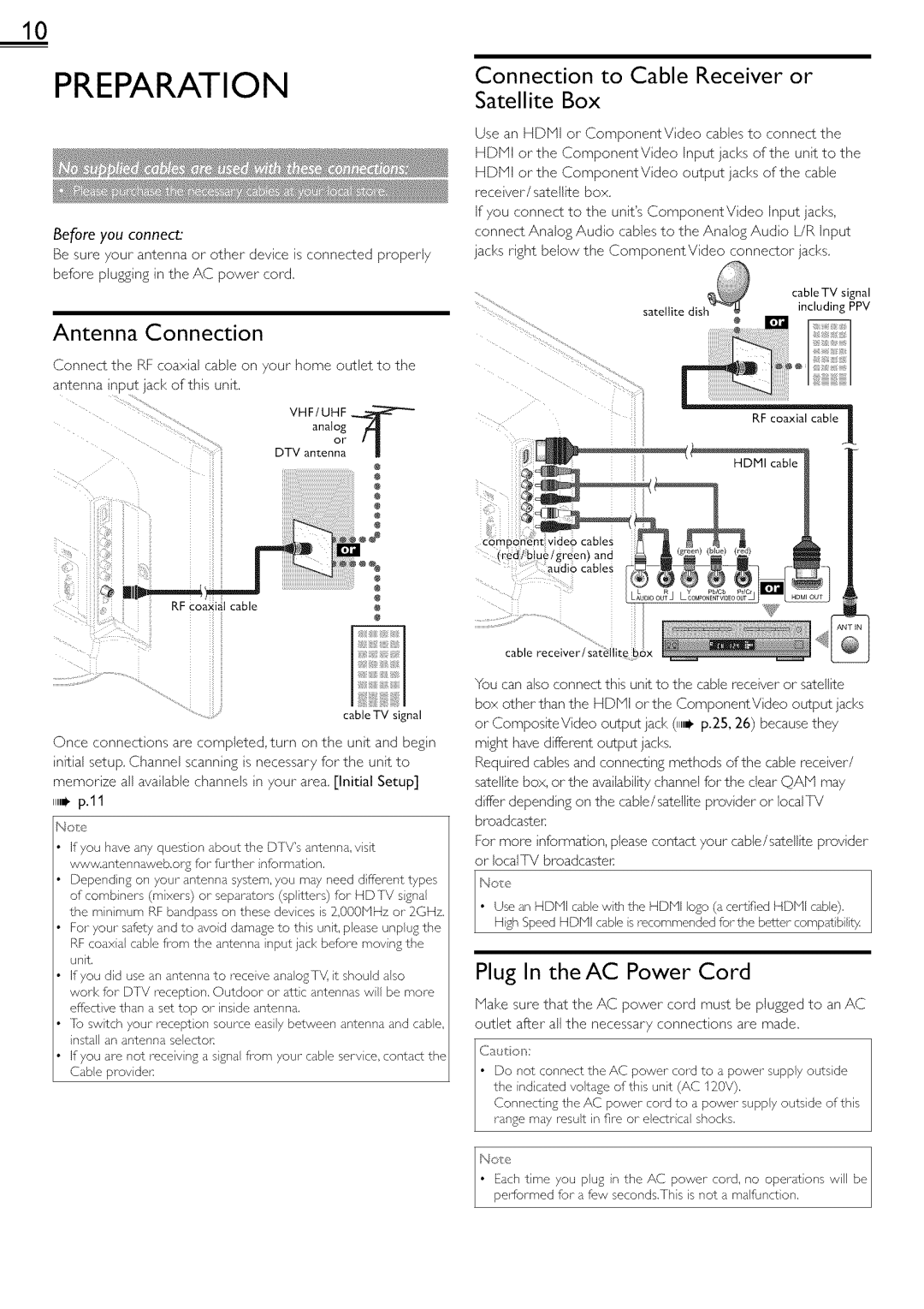 Magnavox 22ME601B Preparation, Antenna Connection, Connection to Cable Receiver or Satellite Box, Plug In theAC Power Cord 