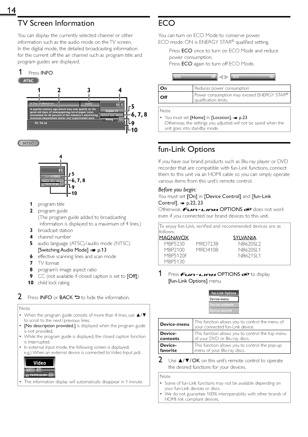 Magnavox 22ME601B, 19ME601B owner manual TV Screen Information, Fun-Link Options, PressINFO 