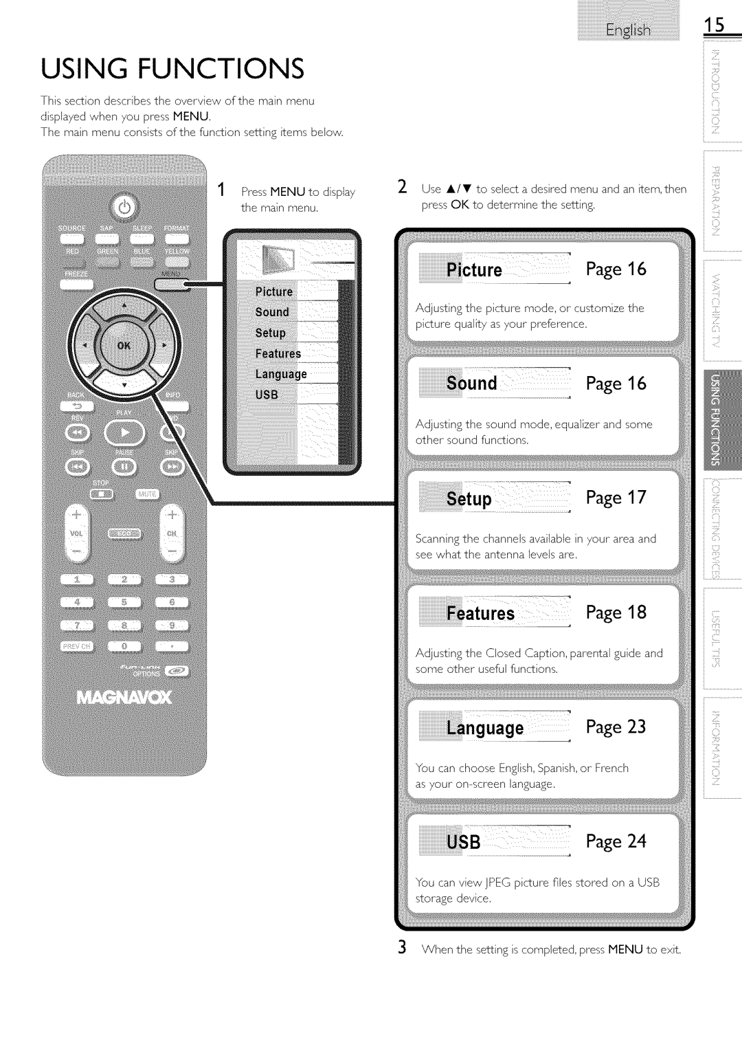 Magnavox 19ME601B, 22ME601B owner manual Using Functions, TUp, Atures, Iiiil 