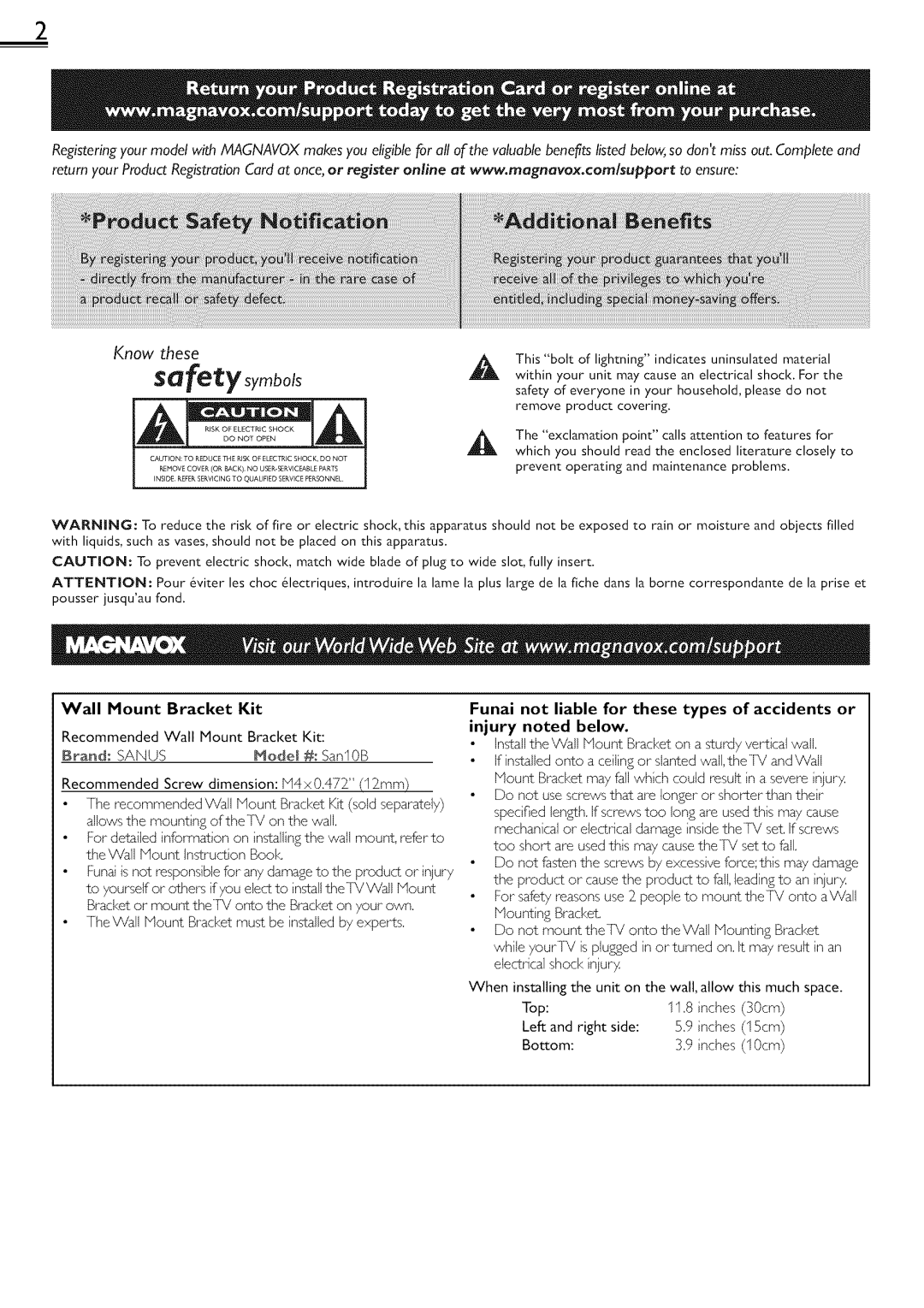 Magnavox 22ME601B, 19ME601B owner manual Wall, Funai Not Liable For, Types Accidents Injury Below 