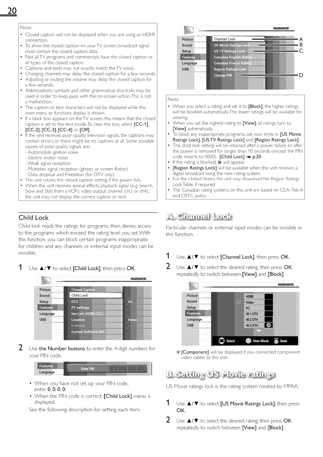 Magnavox 22ME601B, 19ME601B owner manual Child Lock, Use Lit Select US Movie Ratings LociI, then press 