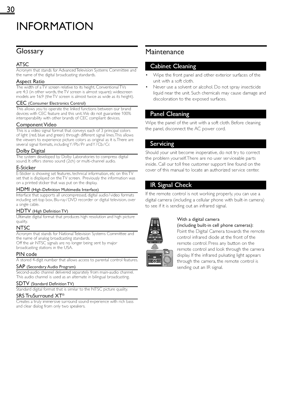 Magnavox 22ME601B, 19ME601B owner manual Information, GlossaryMaintenance, DTV HighDefinition TV, Ntsc, Atsc 