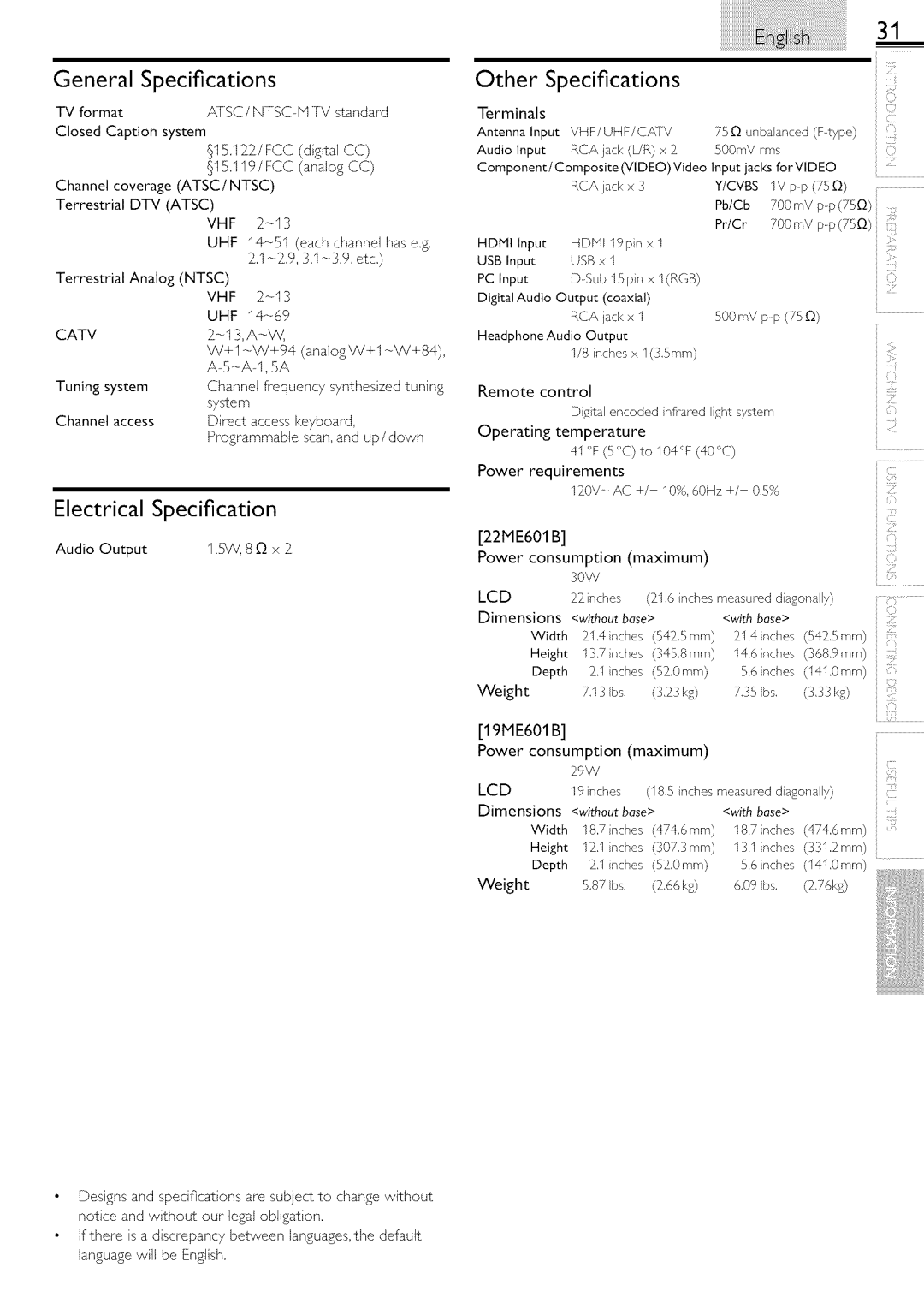 Magnavox 19ME601B, 22ME601B owner manual General Specifications, Other Specifications, Consumption Maximum 