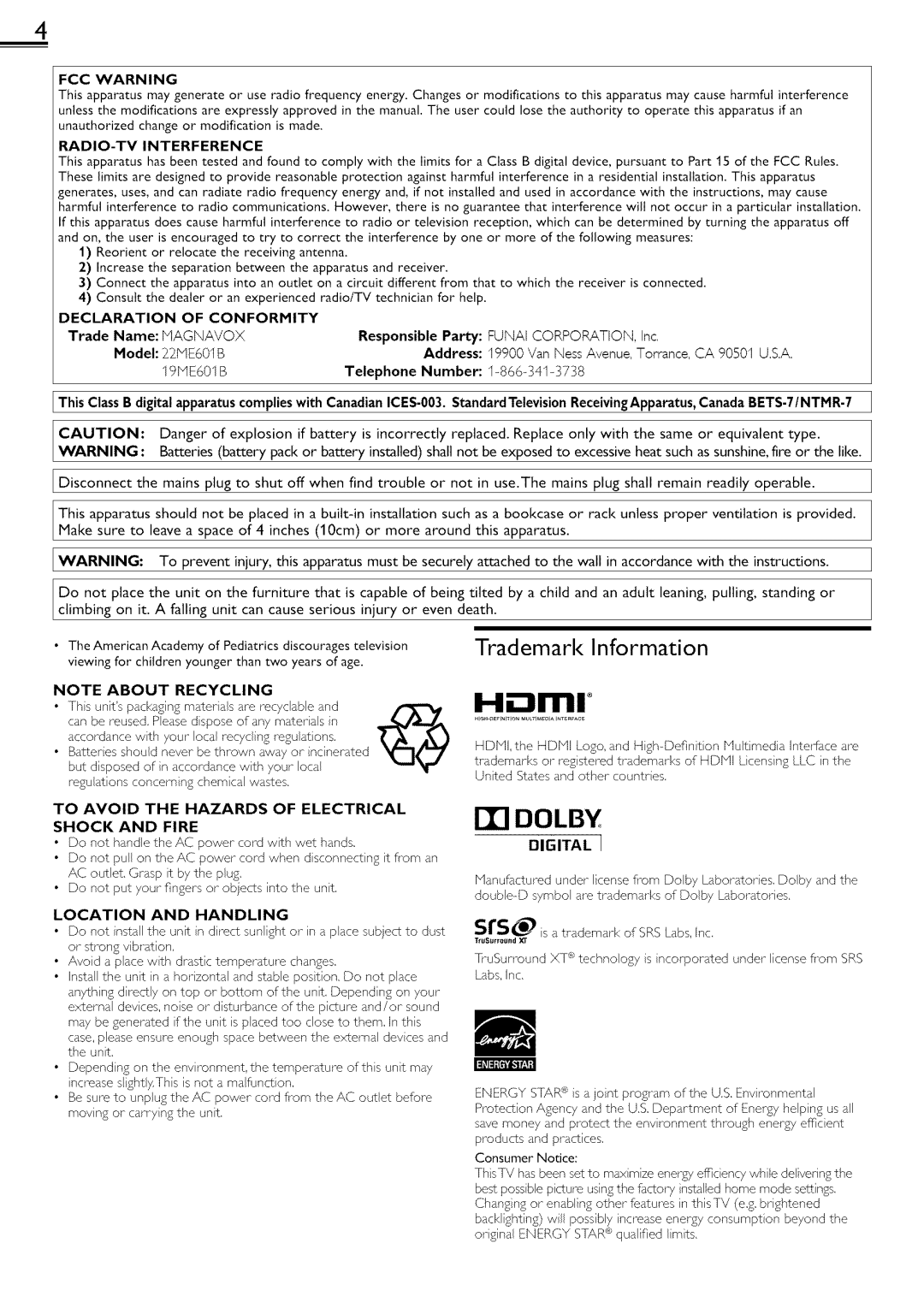 Magnavox 22ME601B, 19ME601B owner manual Trade Name, Responsible Party, Inc, Address, Is d trdderndrk of SRS Ldbs, Ifc 