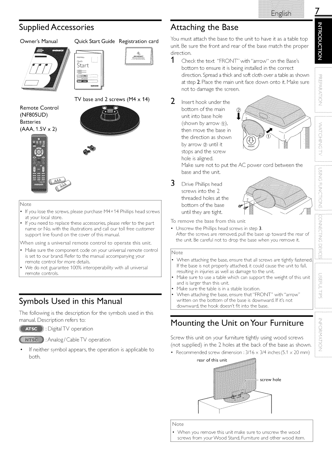 Magnavox 19ME601B, 22ME601B owner manual Supplied Accessories, Attaching the Base, Symbols Used in this Manual 