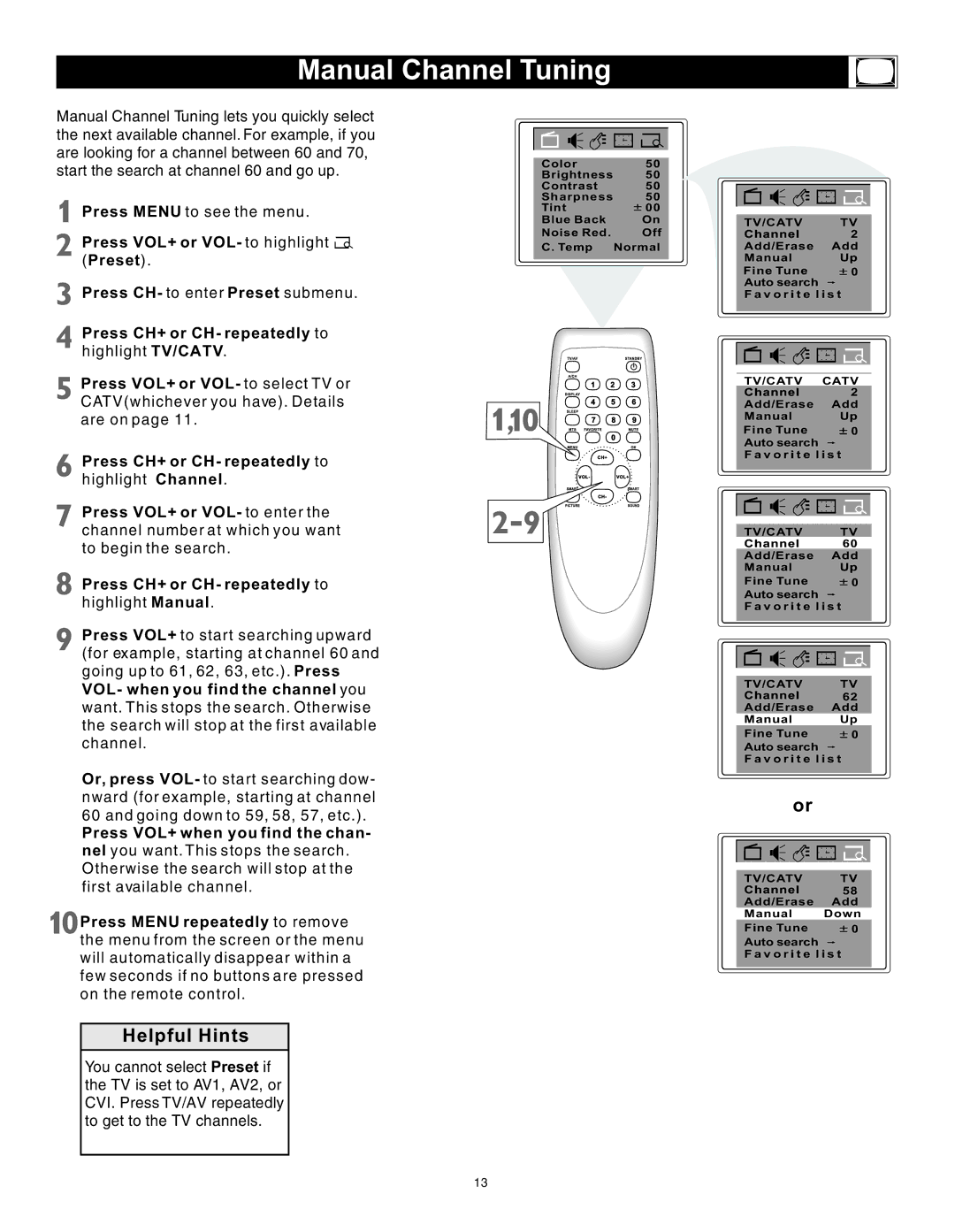 Magnavox 23MT2336/17 manual Manual Channel Tuning, VOL- when you find the channel you 