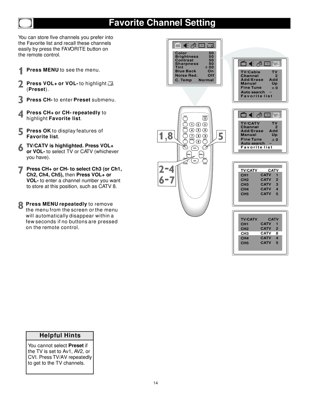 Magnavox 23MT2336/17 manual Favorite Channel Setting, Favorite list TV/CATV is highlighted. Press VOL+ 