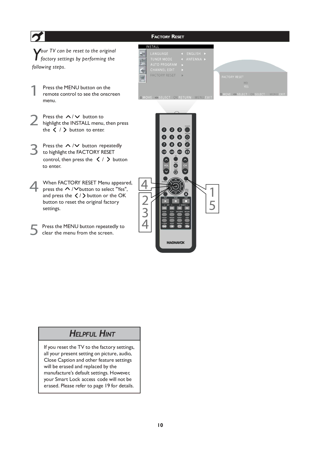 Magnavox 251W Series, 20MF Series user manual Factory Reset 