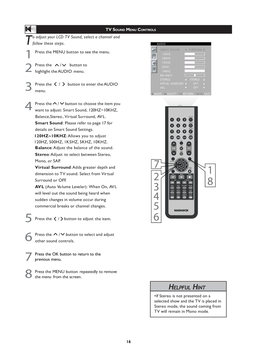 Magnavox 251W Series, 20MF Series user manual TV Sound Menu Controls 