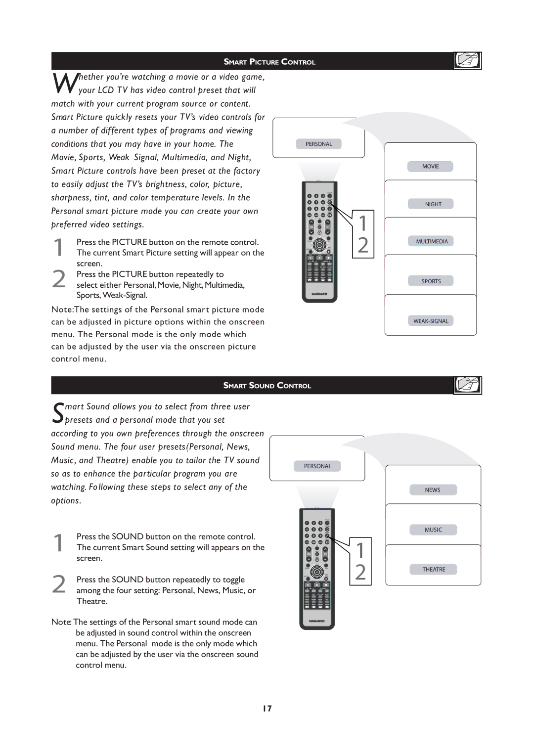 Magnavox 20MF Series, 251W Series user manual Music , and Theatre enable you to tailor the TV sound 