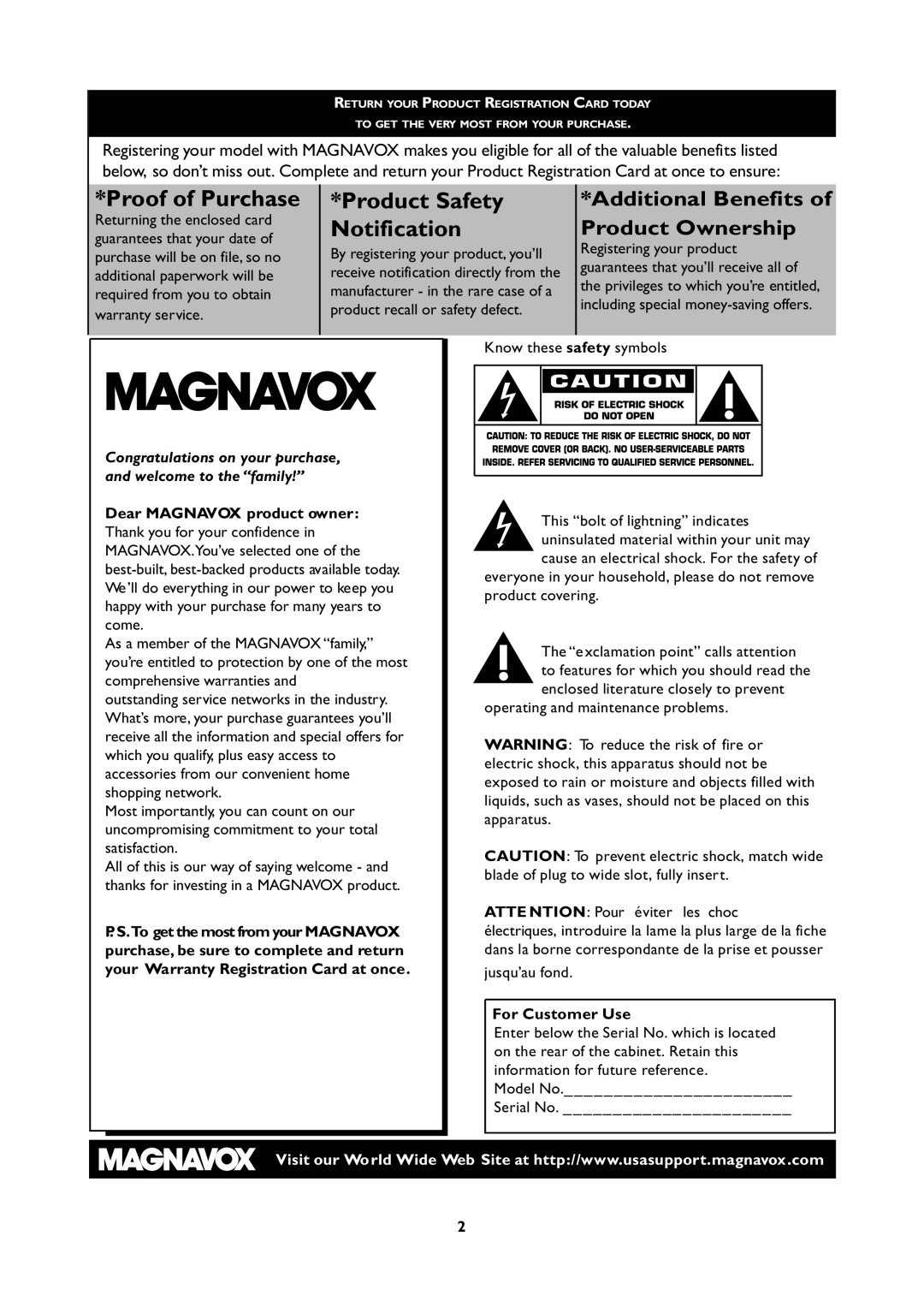 Magnavox 251W Series, 20MF Series user manual Proof of Purchase Product Safety 