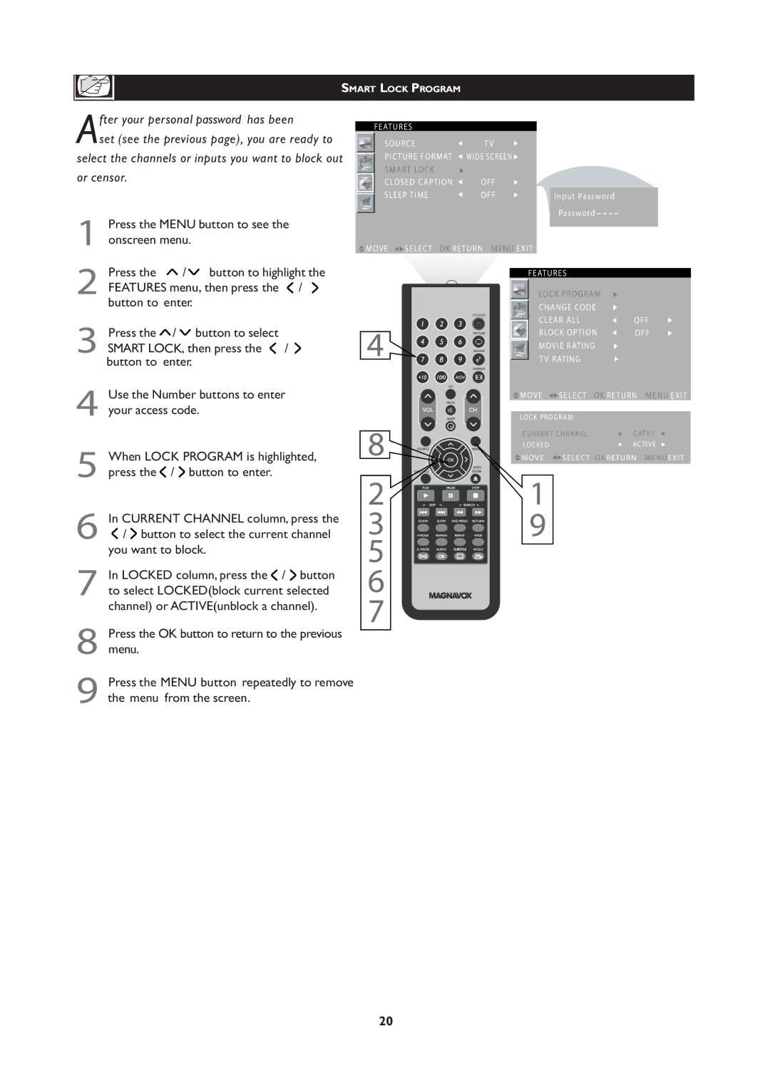 Magnavox 251W Series, 20MF Series user manual Channel or ACTIVEunblock a channel 