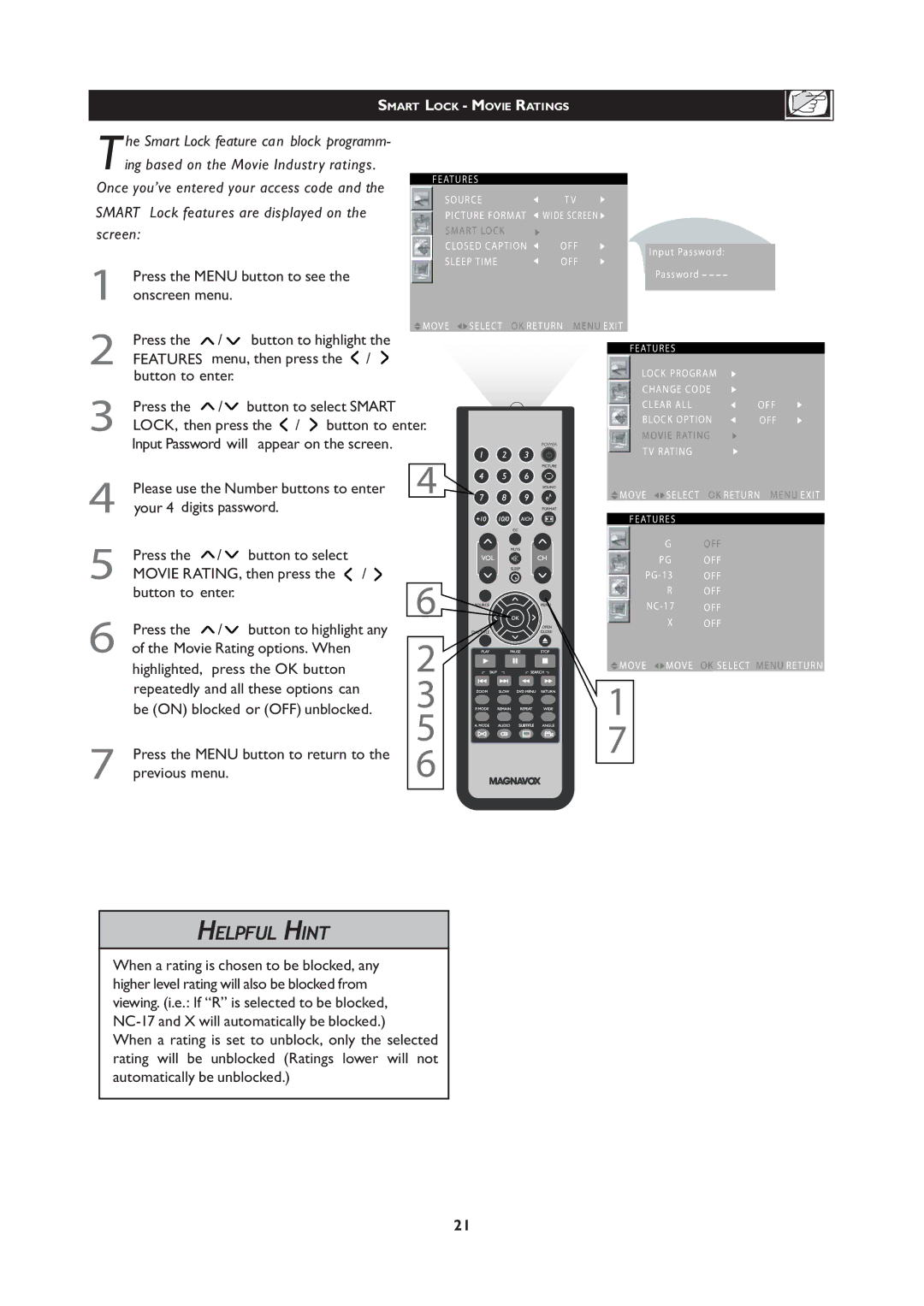 Magnavox 20MF Series, 251W Series user manual Smart Lock Movie Ratings 