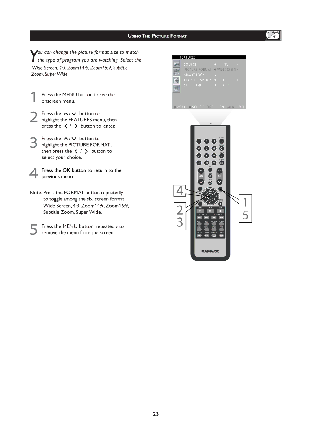 Magnavox 20MF Series, 251W Series user manual Wide Screen, 43, Zoom149, Zoom169, Subtitle Zoom, Super Wide 