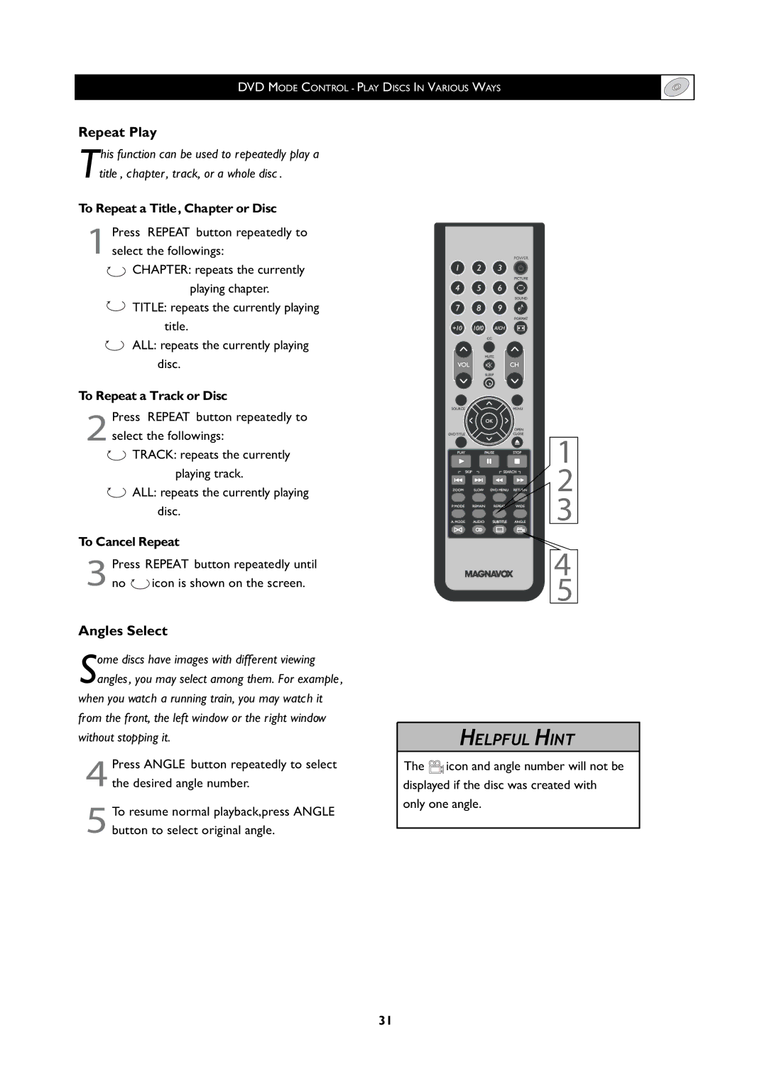 Magnavox 20MF Series, 251W Series user manual Repeat Play, Angles Select 