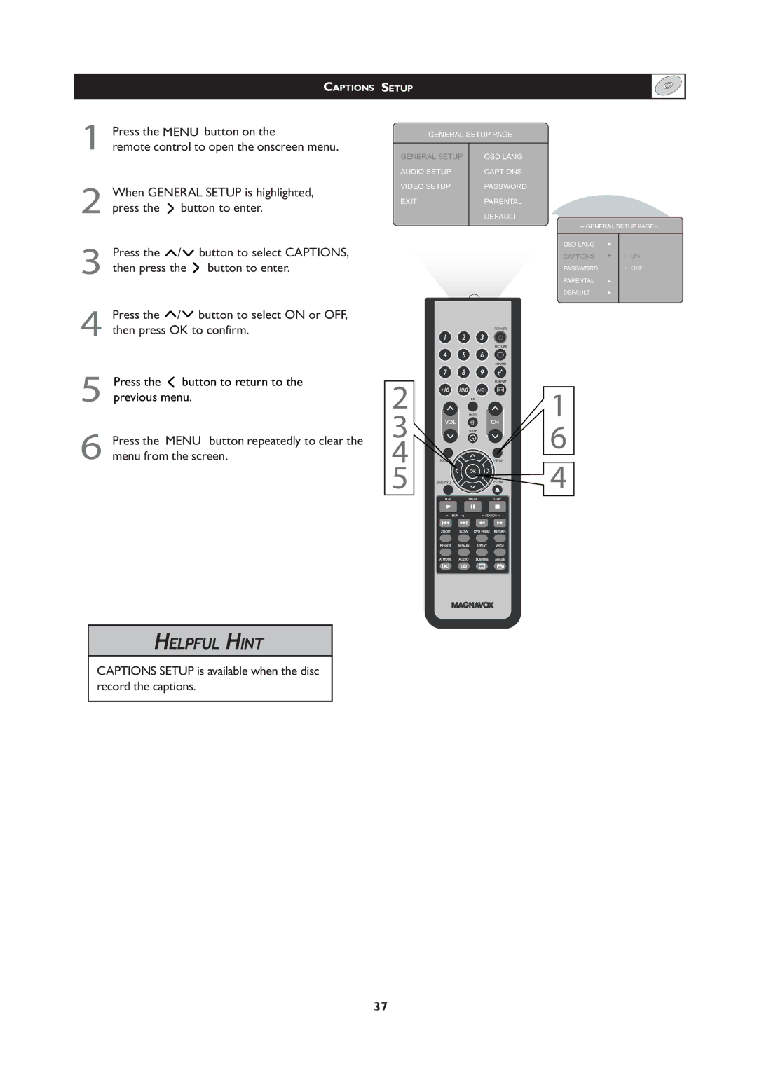 Magnavox 20MF Series, 251W Series user manual Captions Setup 