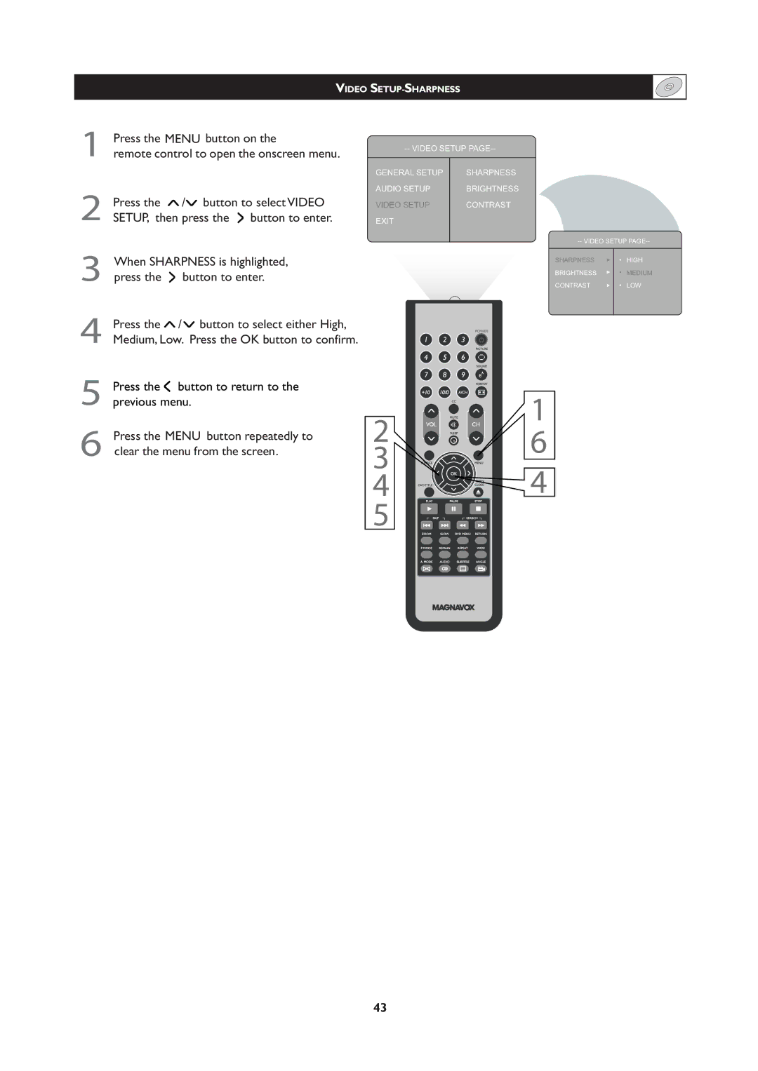 Magnavox 20MF Series, 251W Series user manual Video SETUP-SHARPNESS 