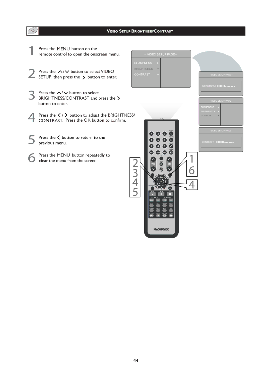 Magnavox 251W Series, 20MF Series user manual Video SETUP-BRIGHTNESS/CONTRAST 