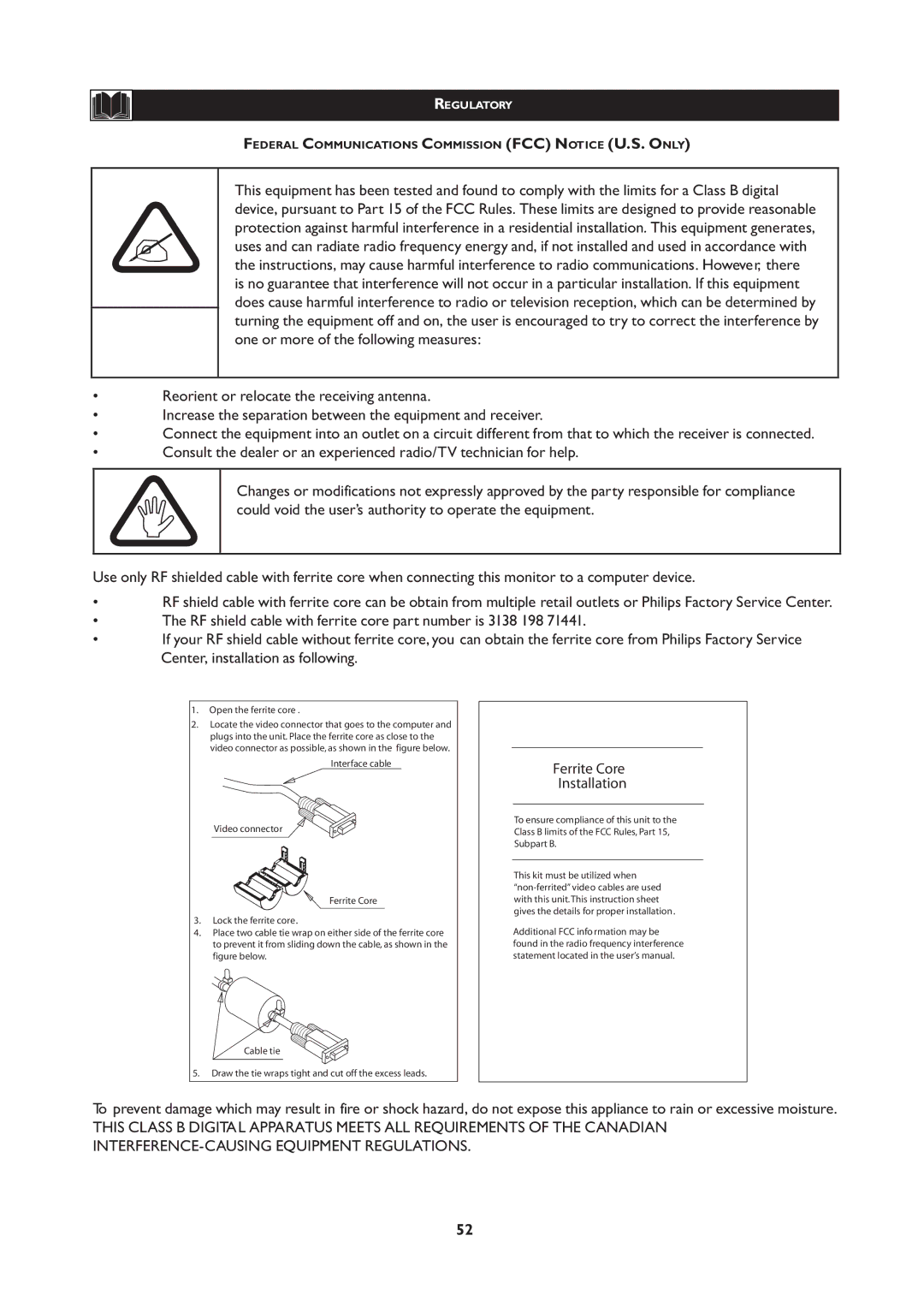 Magnavox 251W Series, 20MF Series user manual Ferrite Core Installation 