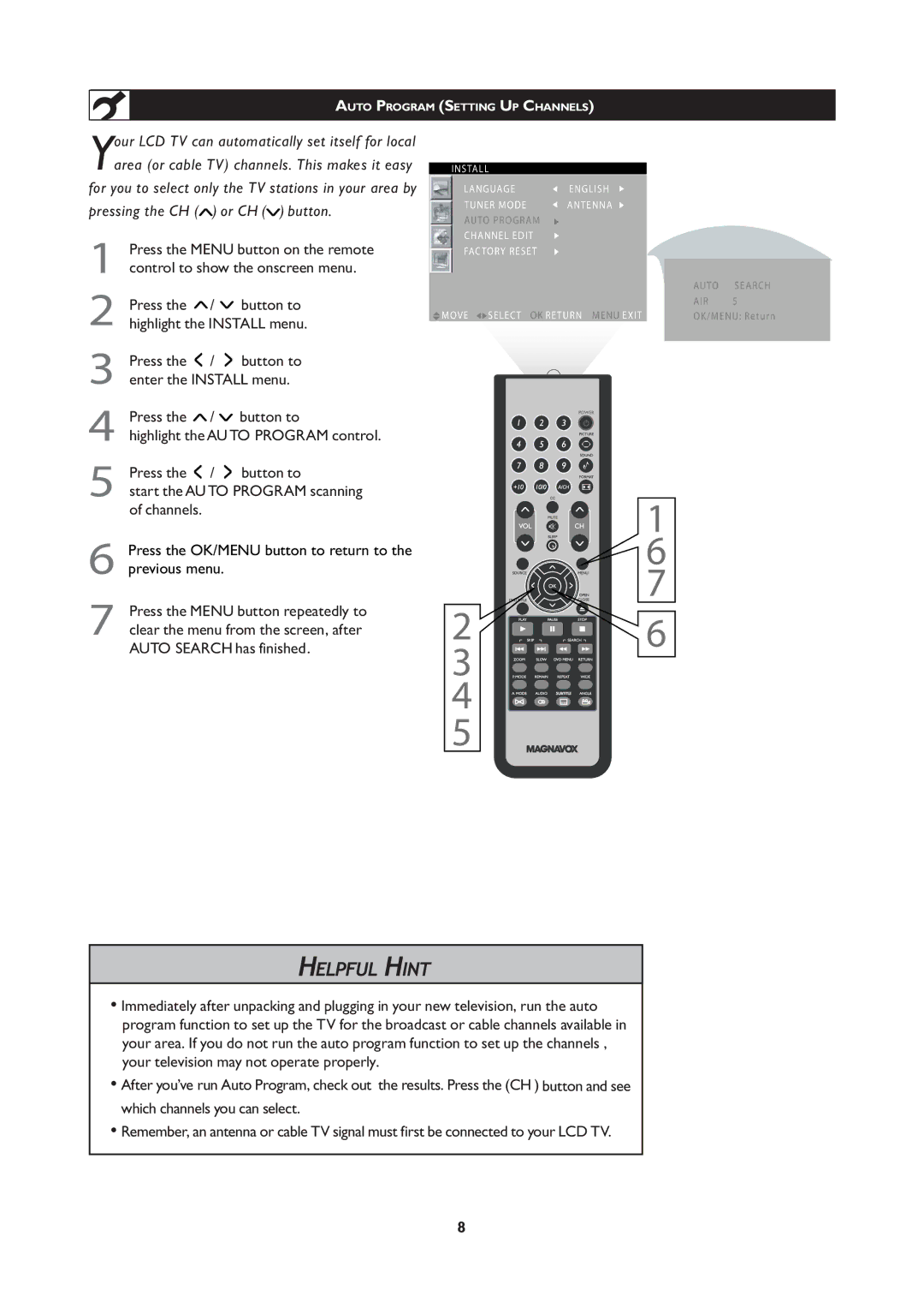 Magnavox 251W Series, 20MF Series user manual Press the OK/MENU button to return to the previous menu 