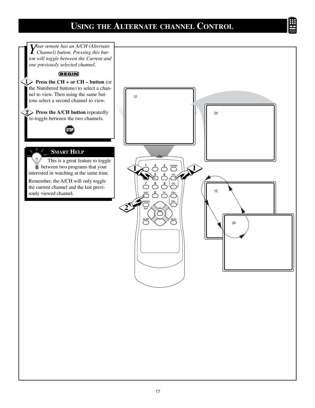 Magnavox 25i manual Using the Alternate Channel Control, Press the CH + or CH button or, Press the A/CH button repeatedly 