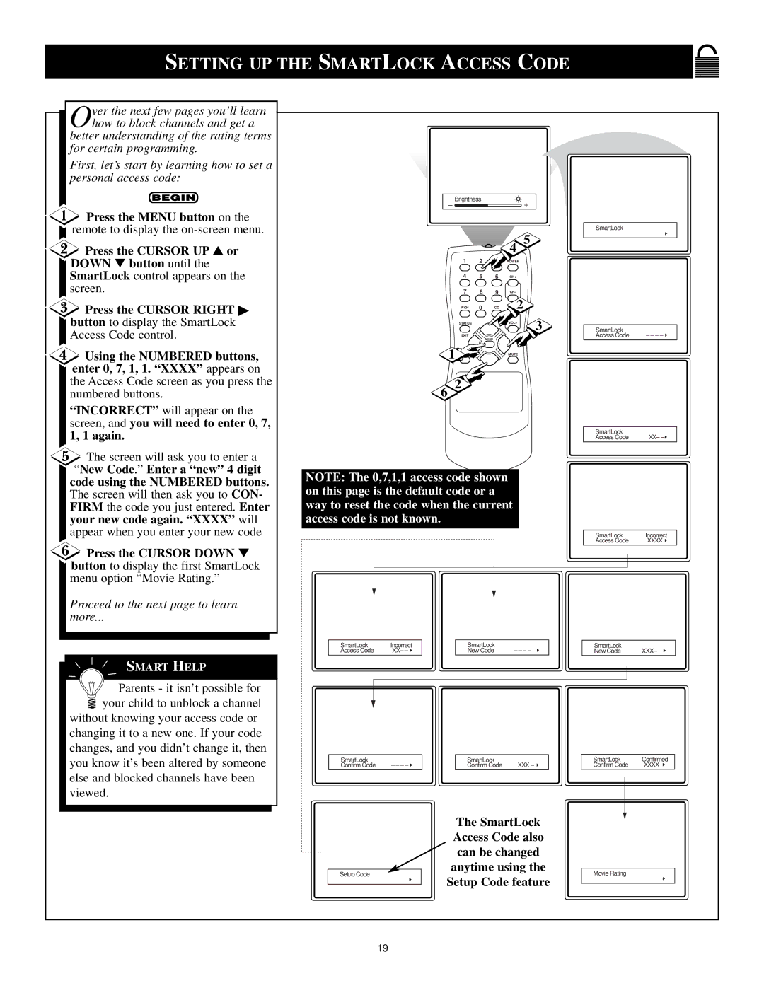 Magnavox 25i manual Setting UP the Smartlock Access Code 