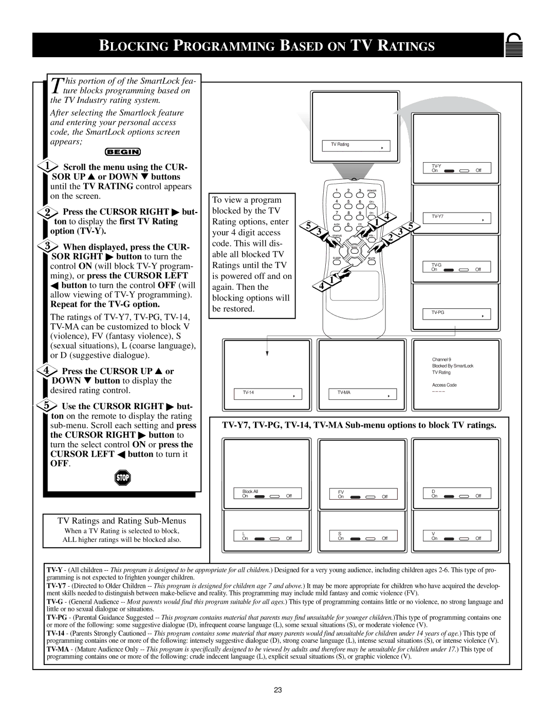 Magnavox 25i manual Blocking Programming Based on TV Ratings, Repeat for the TV-G option 