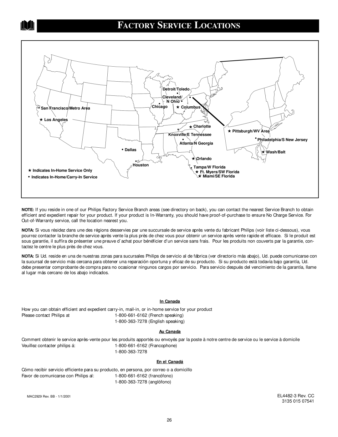 Magnavox 25i manual Factory Service Locations, Canada 