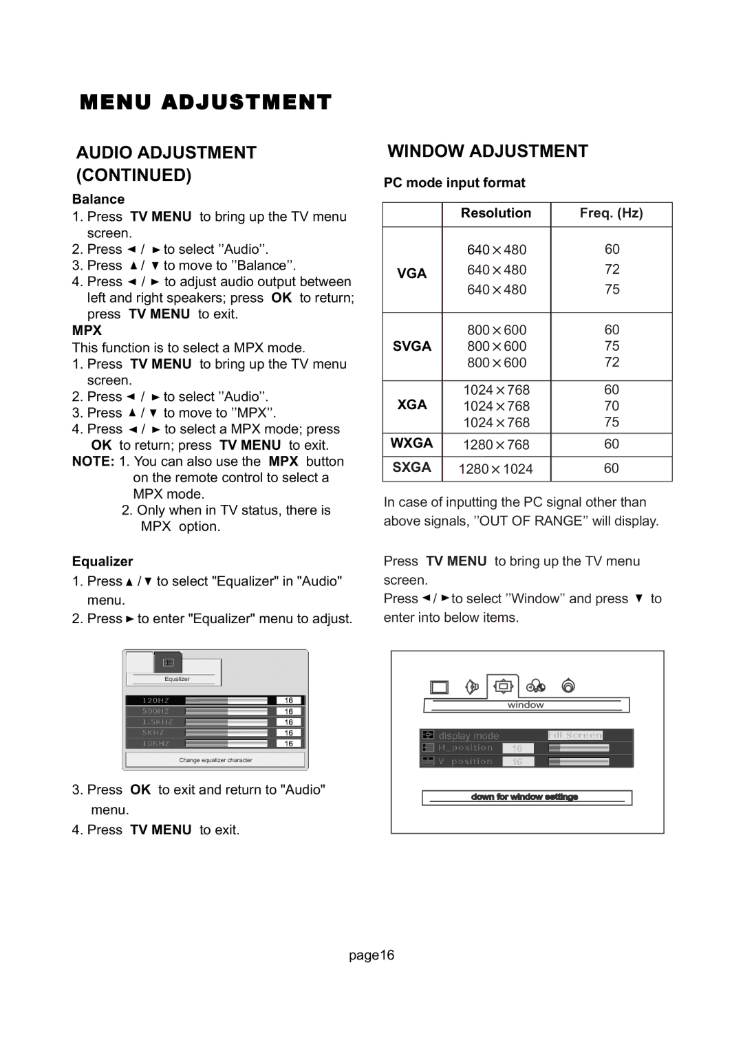 Magnavox 26MD255V manual Window Adjustment, Balance, Equalizer, PC mode input format Resolution Freq. Hz 