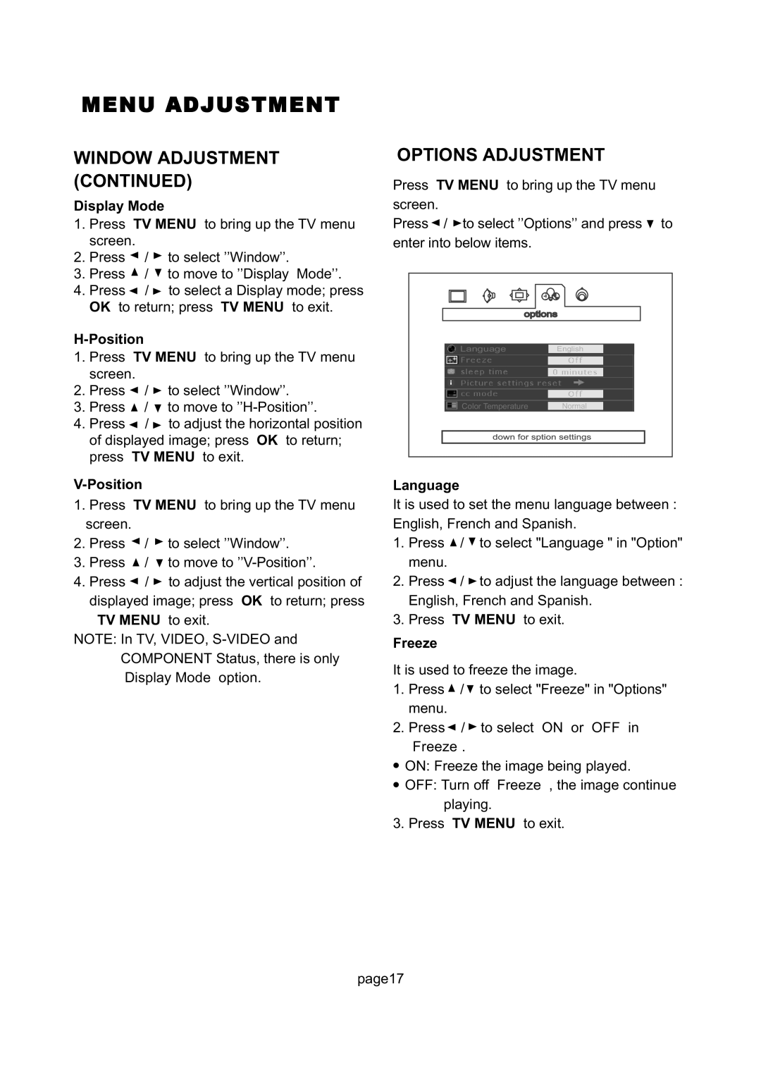 Magnavox 26MD255V manual Options Adjustment 