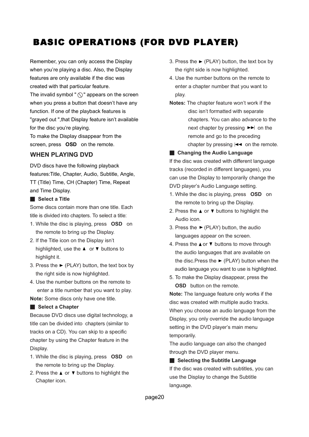 Magnavox 26MD255V manual Select a Title, Select a Chapter, Changing the Audio Language, Selecting the Subtitle Language 