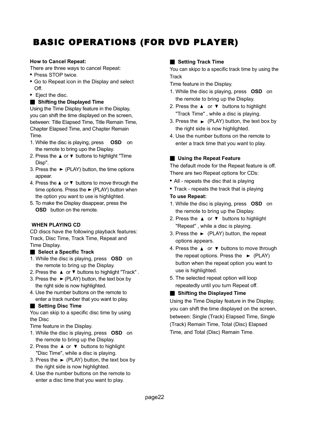 Magnavox 26MD255V manual How to Cancel Repeat, Shifting the Displayed Time, Select a Specific Track, Setting Disc Time 