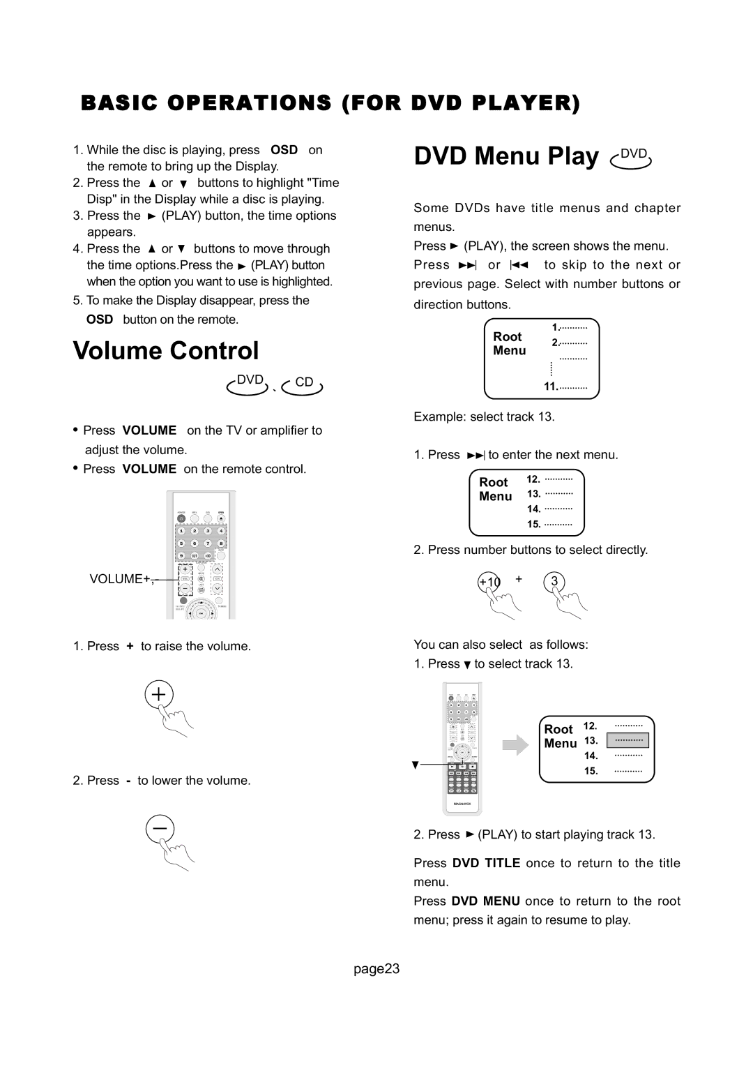 Magnavox 26MD255V manual Volume Control, DVD Menu Play DVD, Volume+, Root Menu 