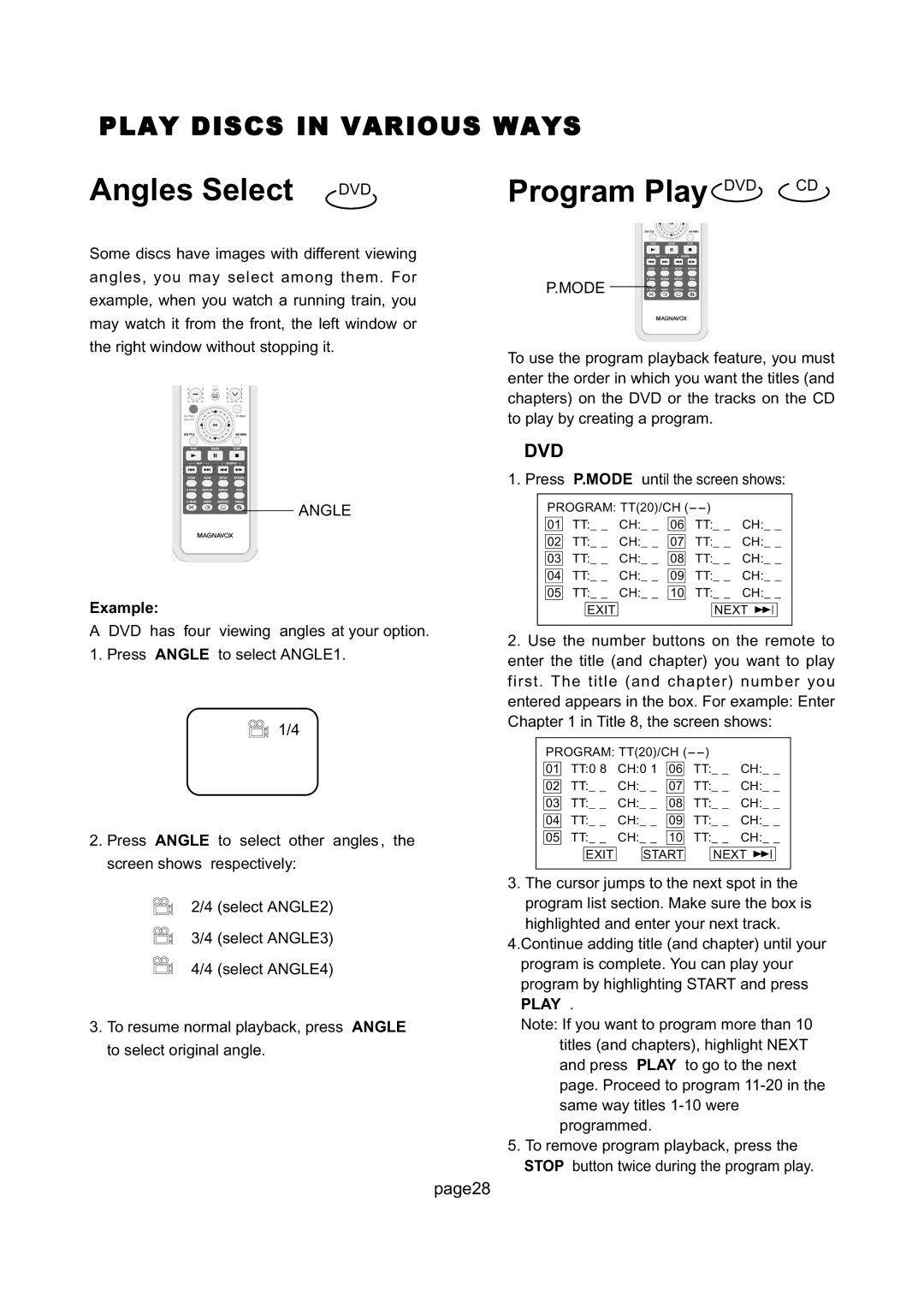 Magnavox 26MD255V manual Angles Select, Program Play DVD CD, Example, Mode 