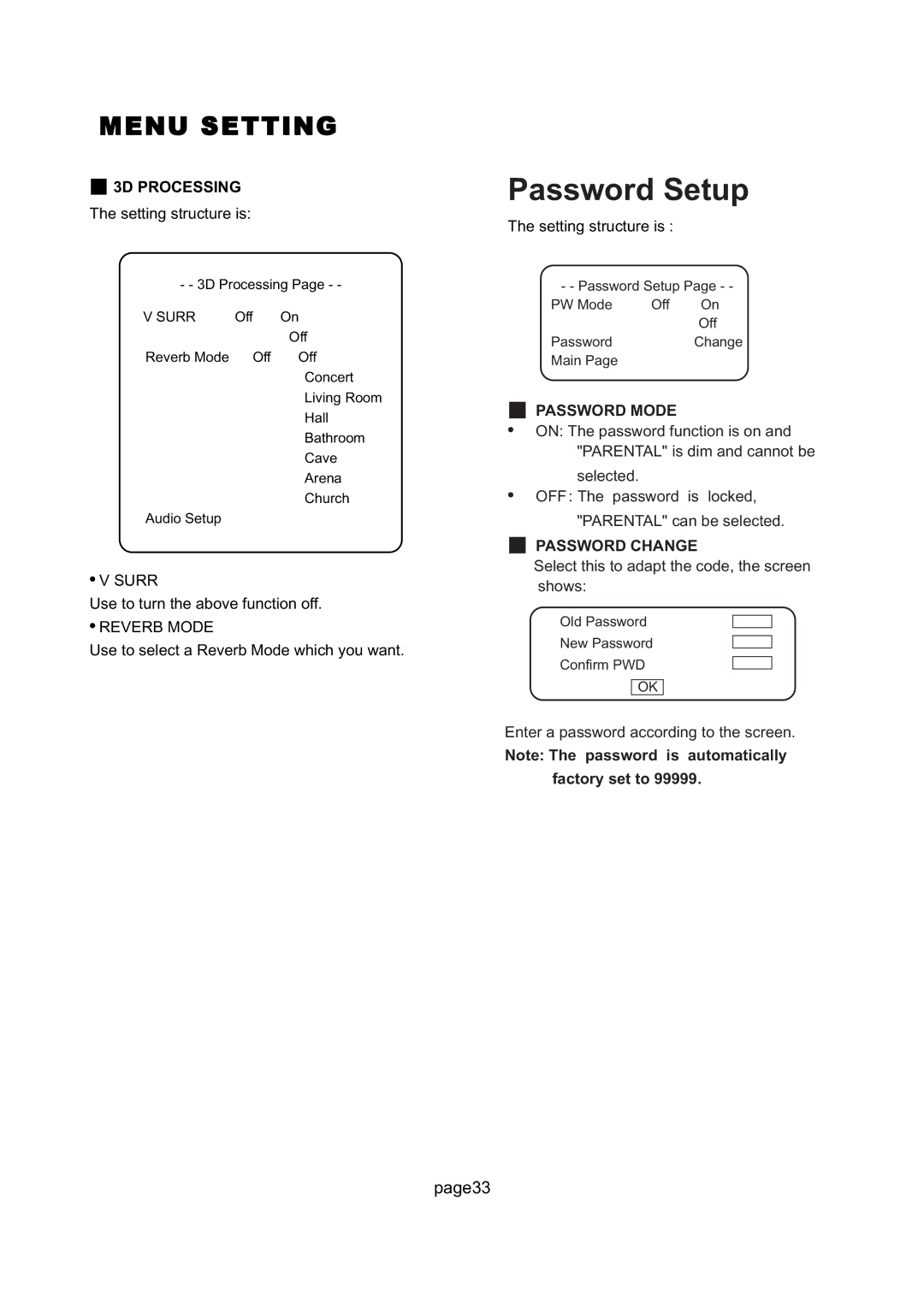 Magnavox 26MD255V manual Password Setup, Surr, Reverb Mode, Factory set to 