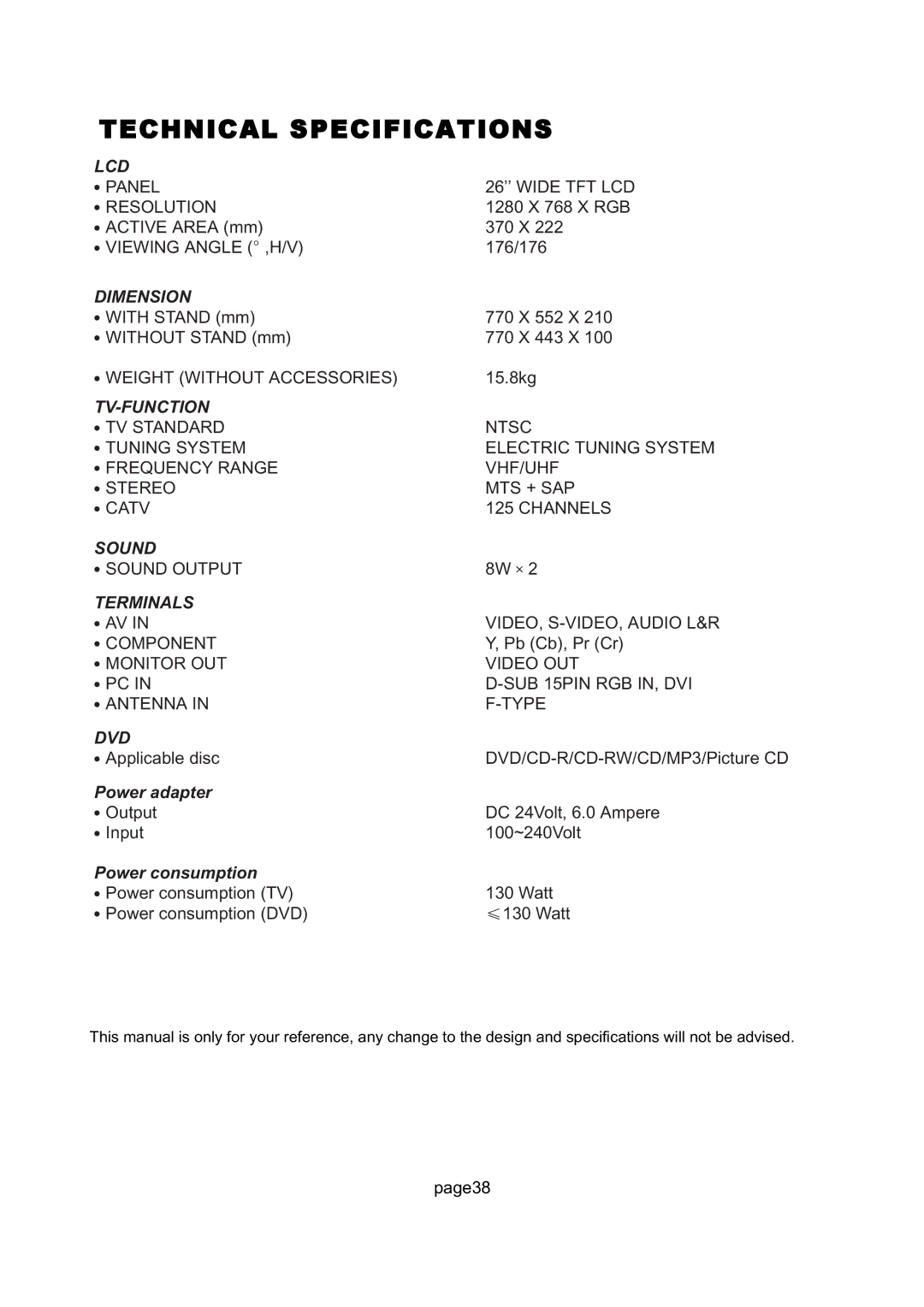 Magnavox 26MD255V manual Technical Specifications, Lcd 