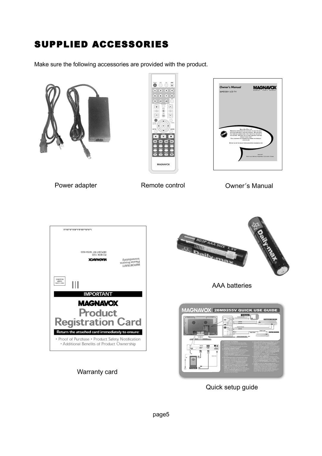 Magnavox 26MD255V manual Supplied Accessories 