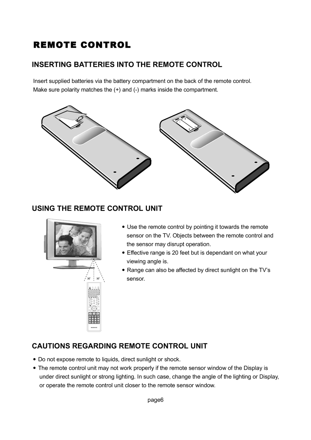 Magnavox 26MD255V manual Inserting Batteries Into the Remote Control, Using the Remote Control Unit 