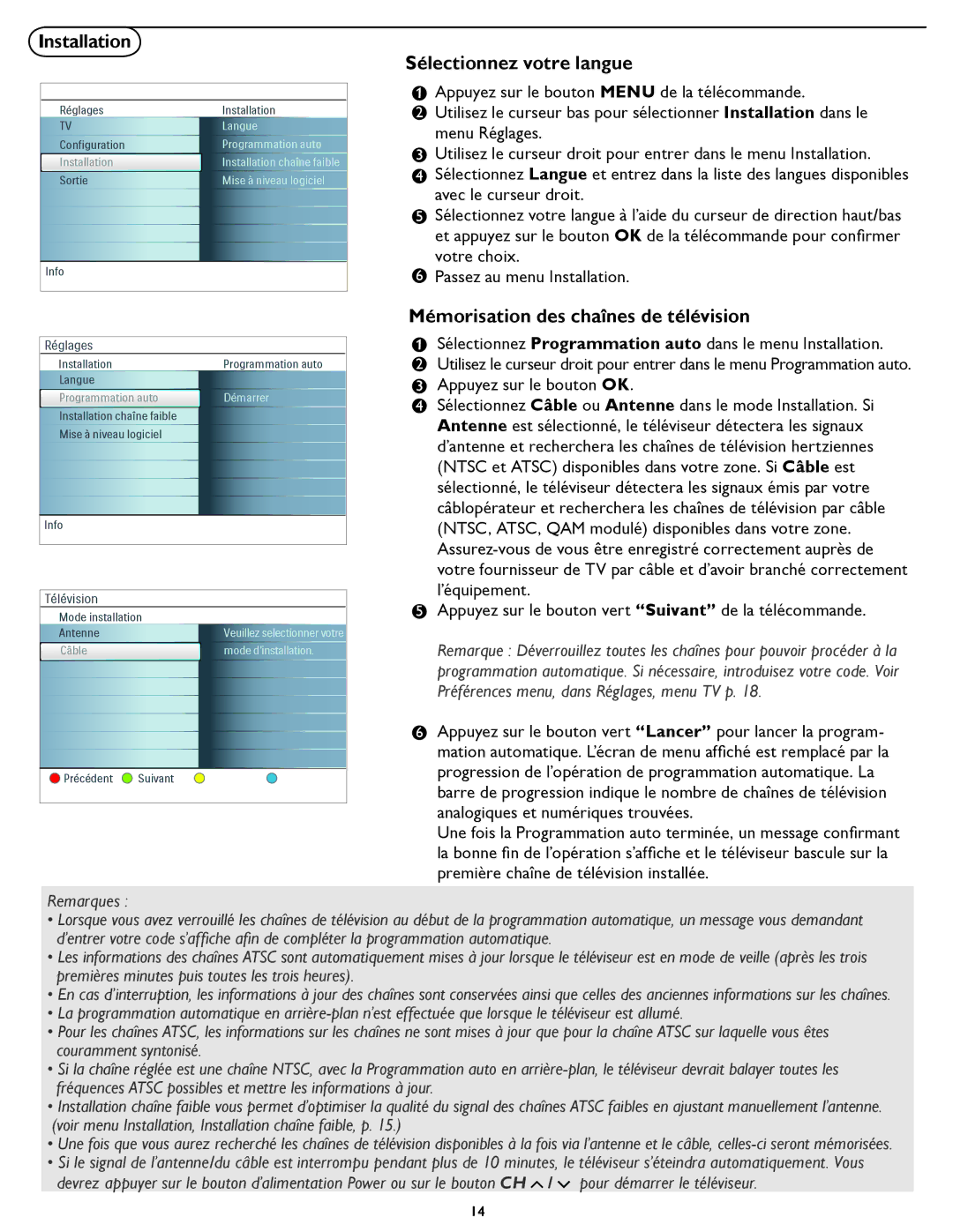 Magnavox 26MD/32MD251D user manual Installation, Sélectionnez votre langue, Mémorisation des chaînes de télévision 