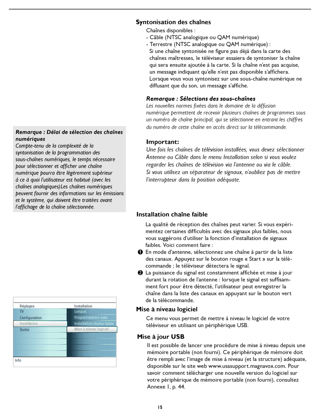 Magnavox 26MD/32MD251D Syntonisation des chaînes, Installation chaîne faible, Mise à niveau logiciel, Mise à jour USB 