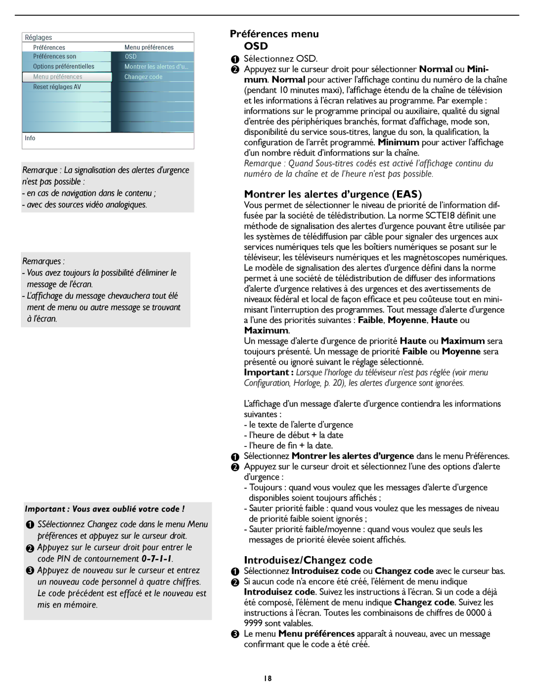 Magnavox 26MD/32MD251D user manual Préférences menu, Montrer les alertes d’urgence EAS, Introduisez/Changez code 