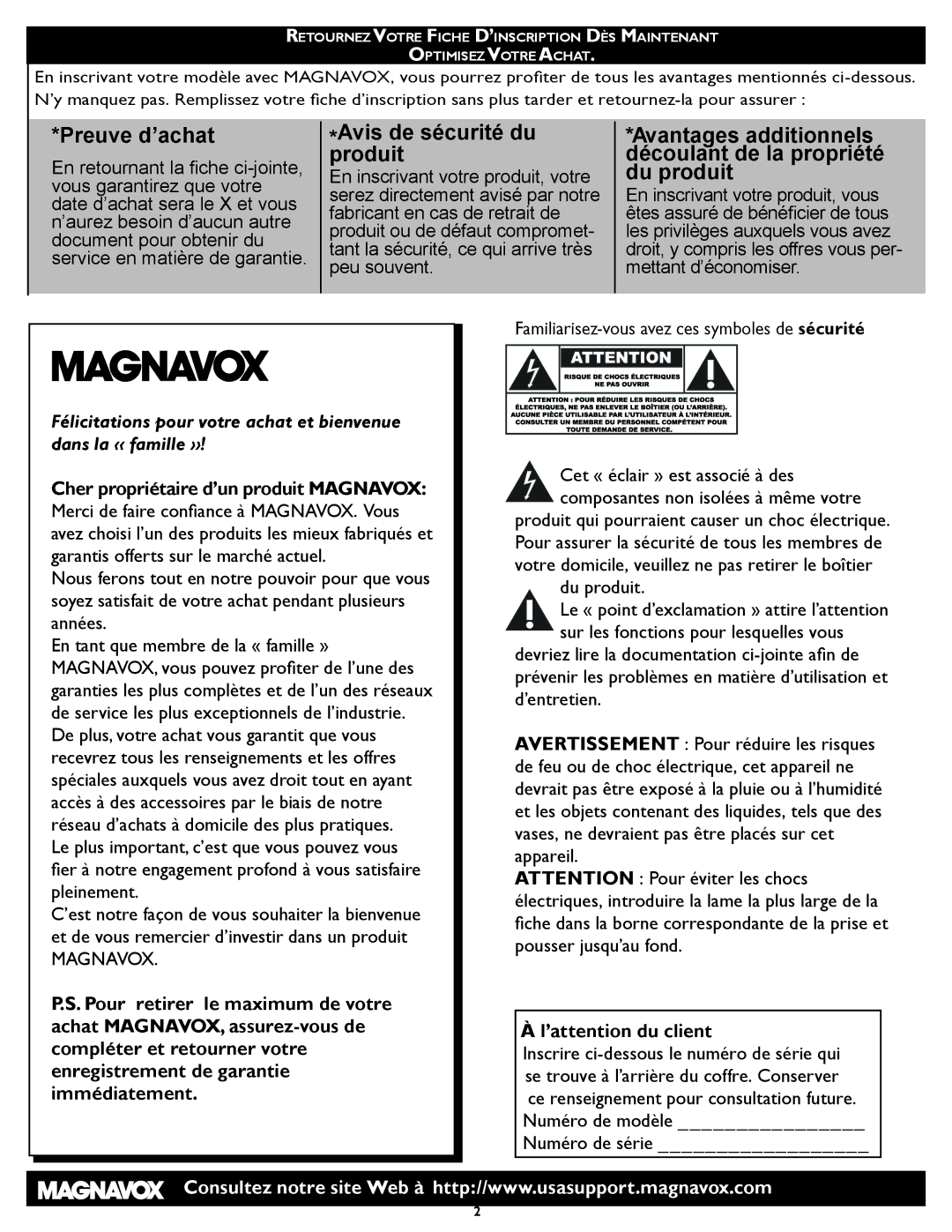 Magnavox 26MD/32MD251D user manual Preuve d’achat, ’attention du client 